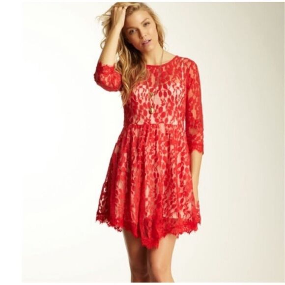 Free People semi sheer hot red dress sz 10 - Picture 1 of 6